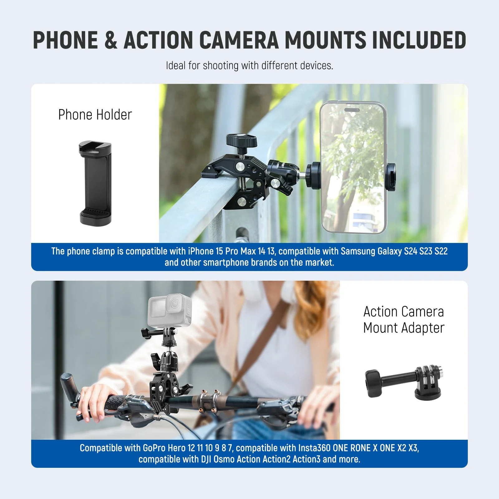 NEEWER ST87 3" Super Clamp with Phone Holder & Action Camera Adapter - Image 7