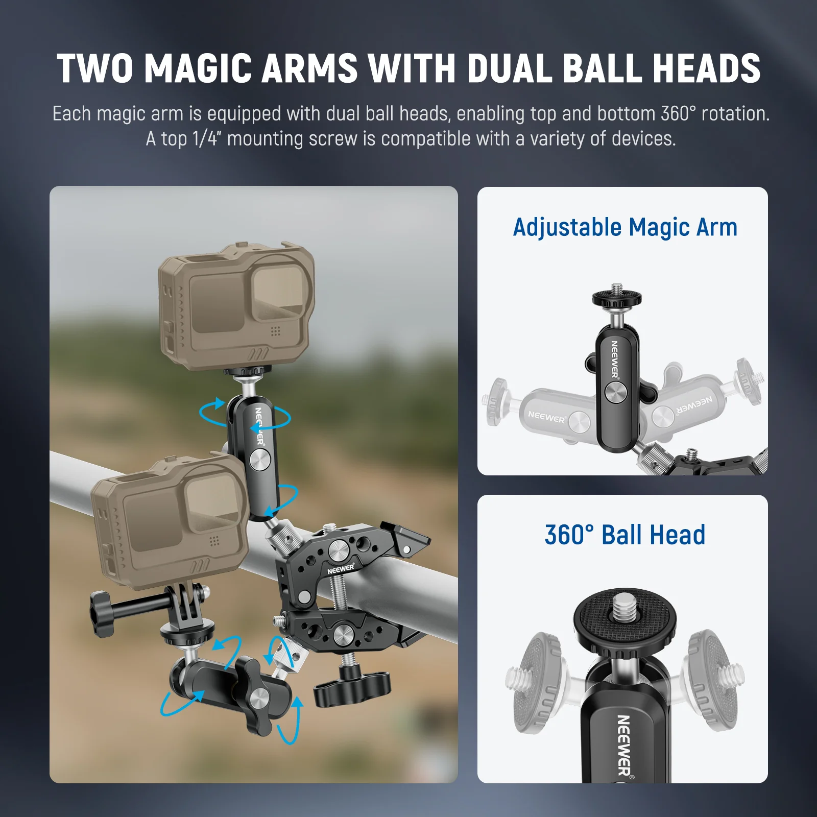 NEEWER Heavy Duty Super Clamp with Two 360° Dual Ball Head Magic Arms - Image 5