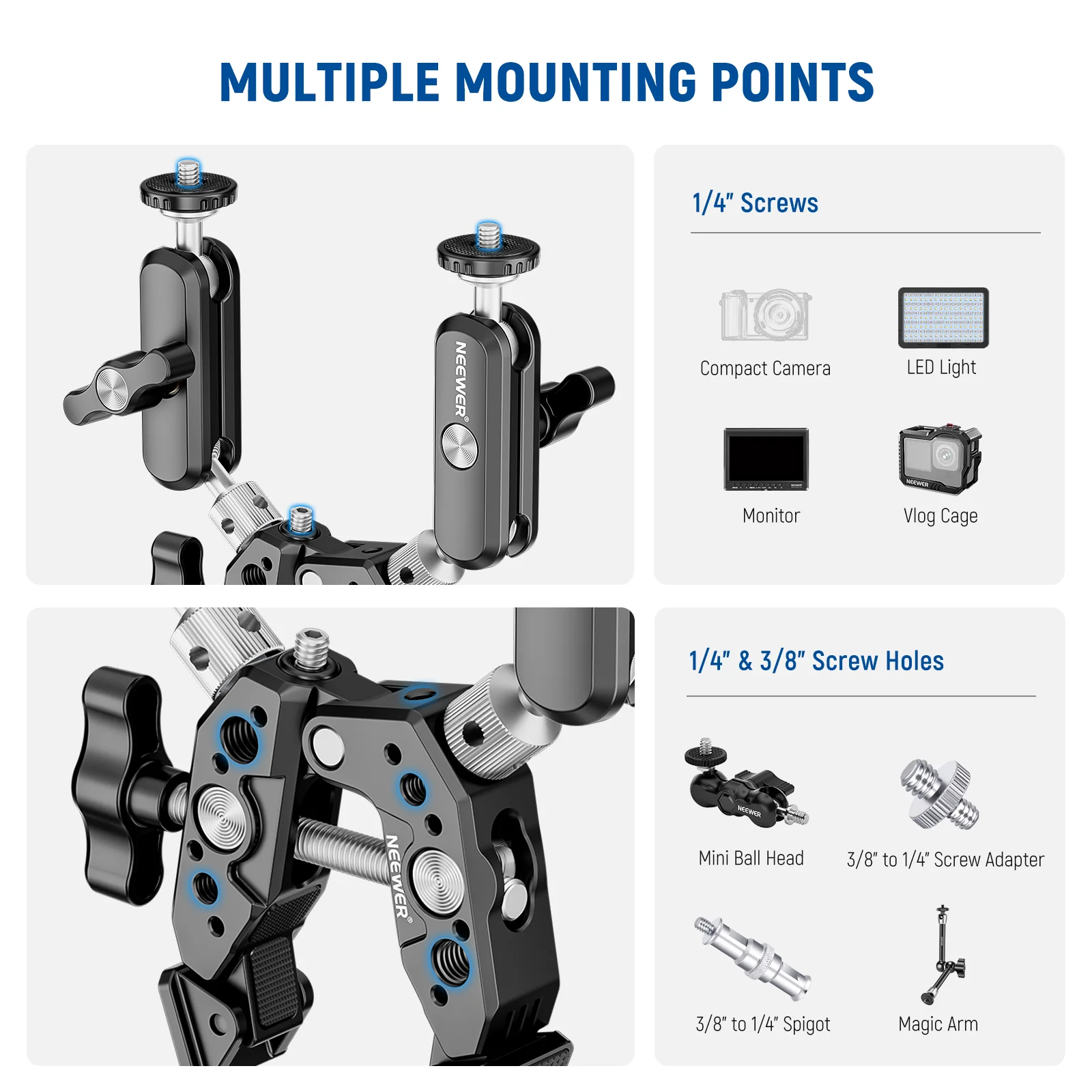 NEEWER Heavy Duty Super Clamp with Two 360° Dual Ball Head Magic Arms - Image 6