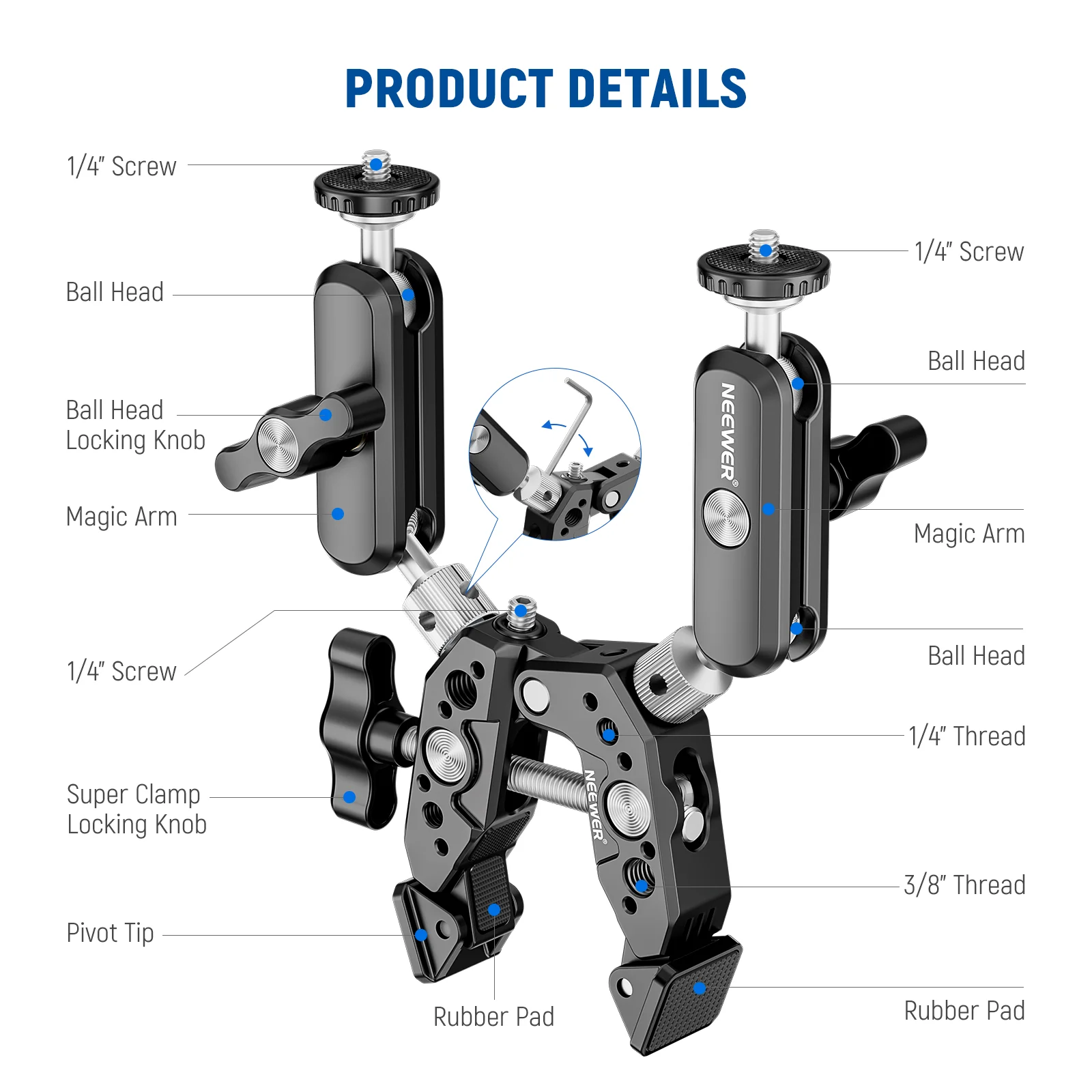 NEEWER Heavy Duty Super Clamp with Two 360° Dual Ball Head Magic Arms - Image 8