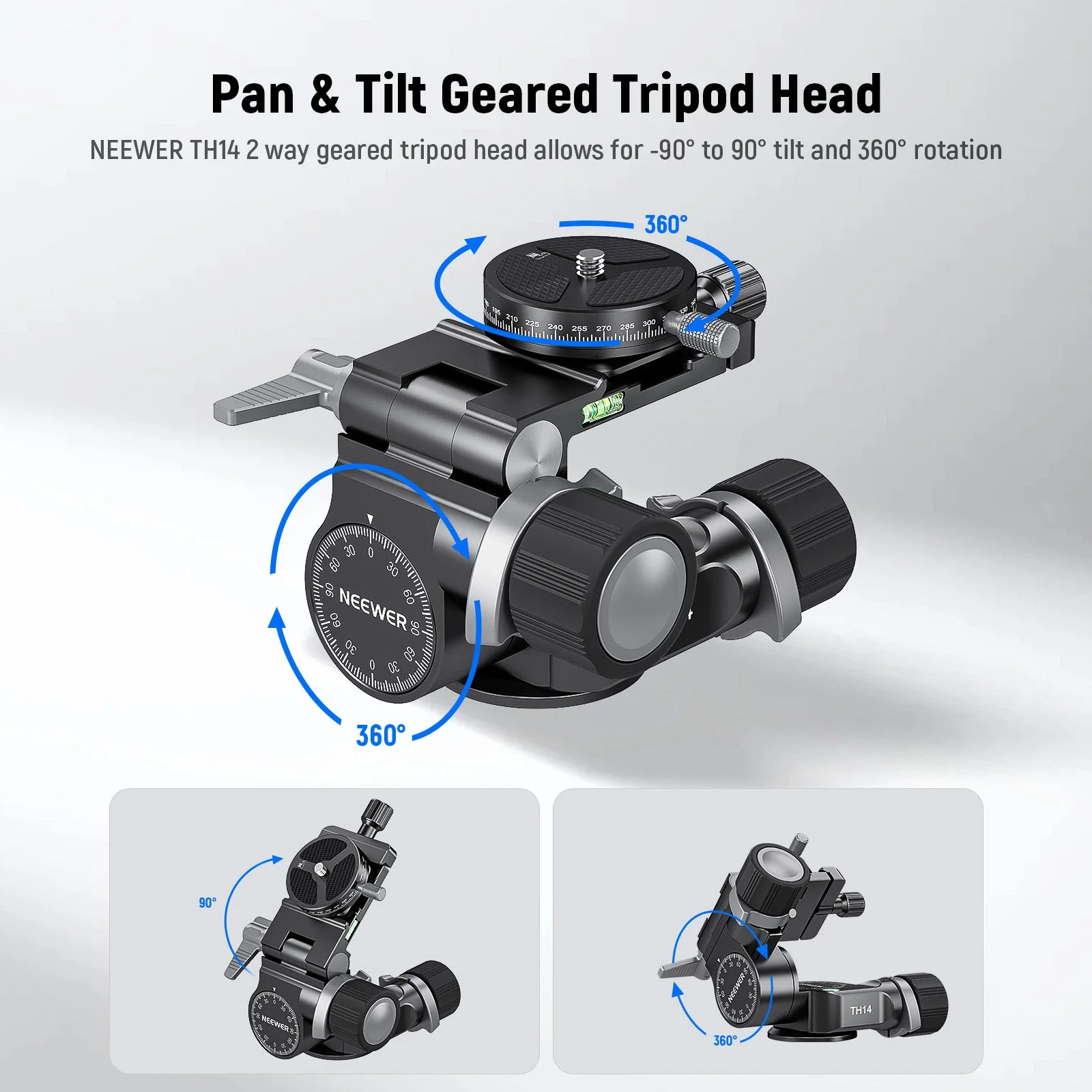 NEEWER TH14 2 Way Geared Tripod Head with QR Plate - Image 2