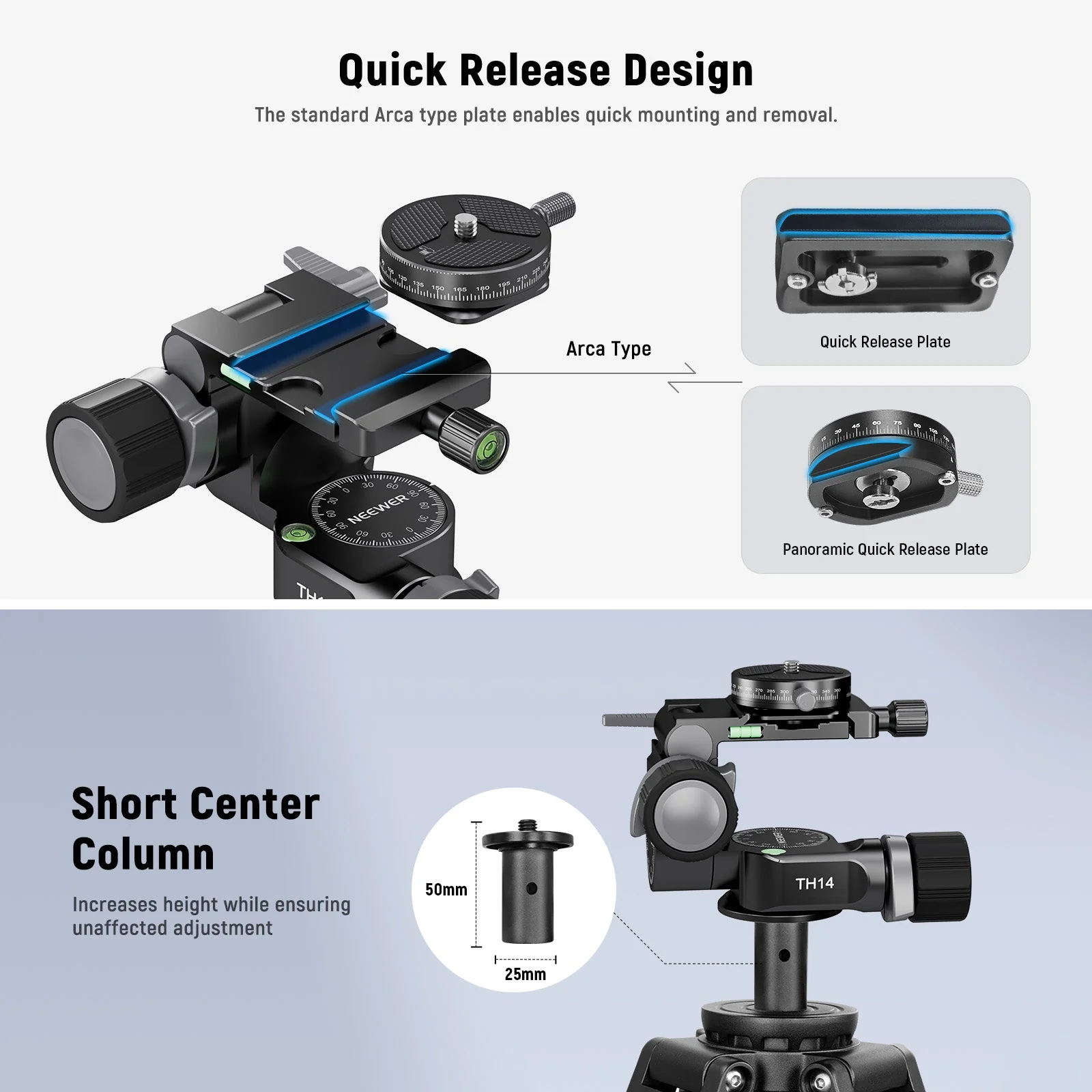 NEEWER TH14 2 Way Geared Tripod Head with QR Plate - Image 4