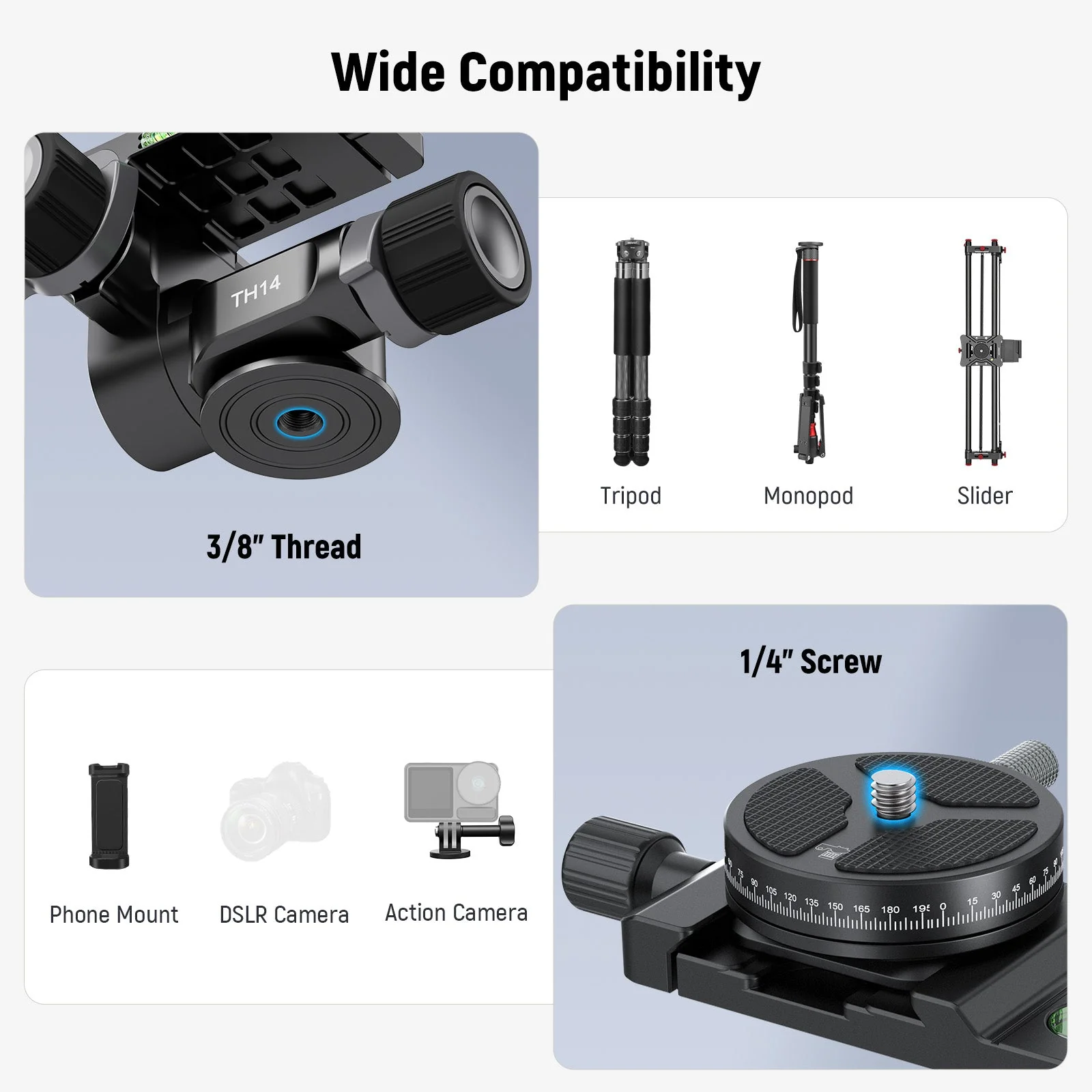 NEEWER TH14 2 Way Geared Tripod Head with QR Plate - Image 6