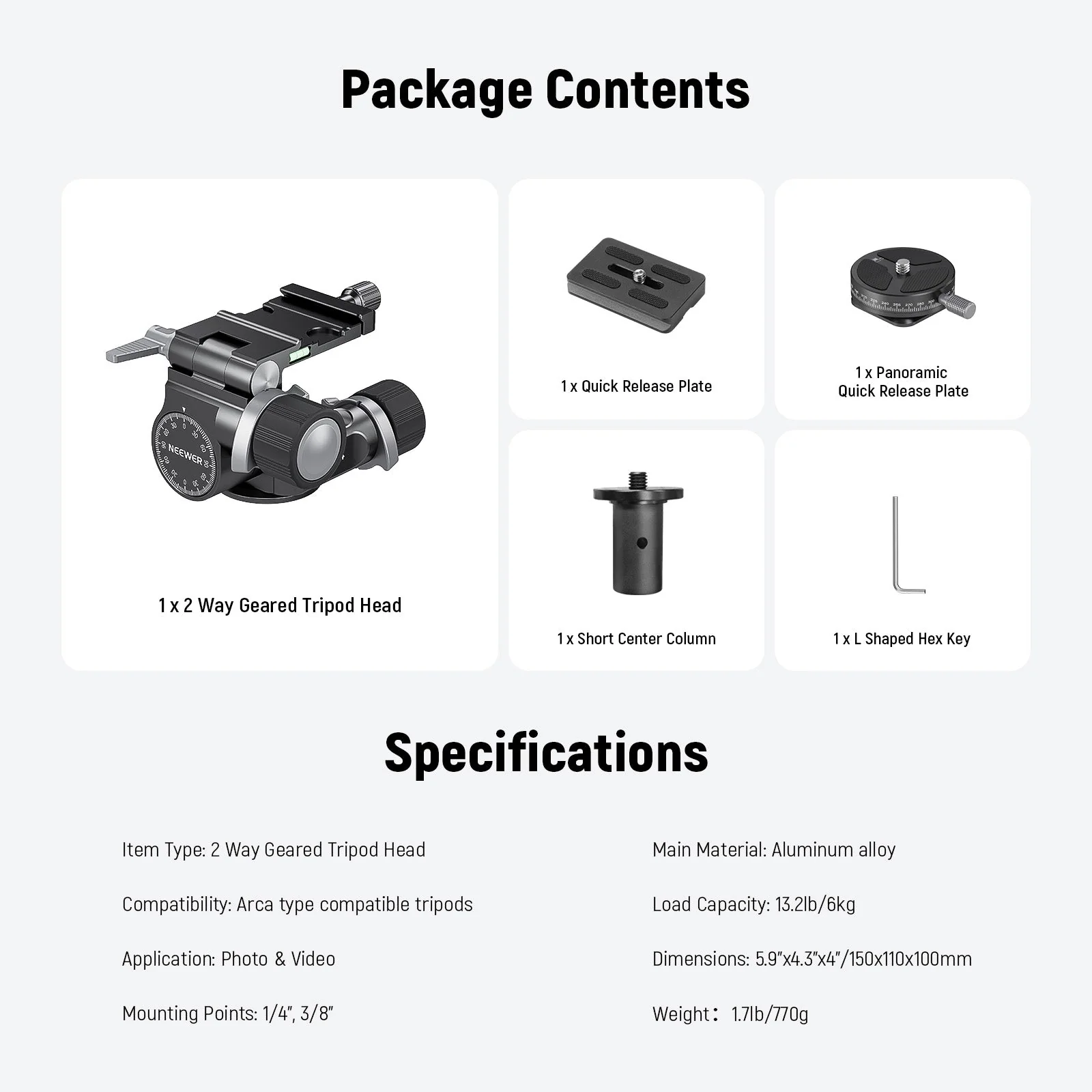 NEEWER TH14 2 Way Geared Tripod Head with QR Plate - Image 7