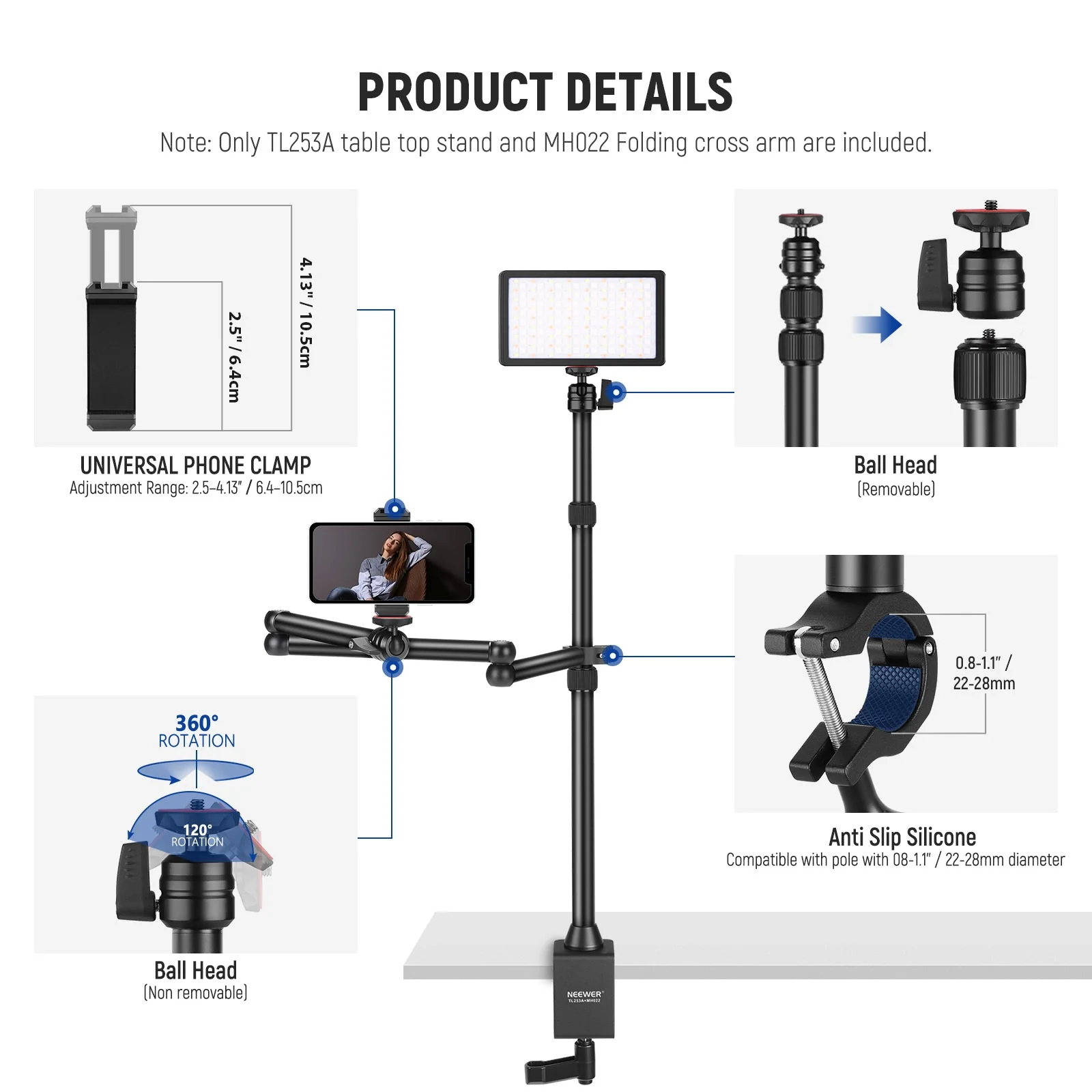 NEEWER TL253A+MH022 Upgraded Tabletop Camera Mount Stand - Image 6