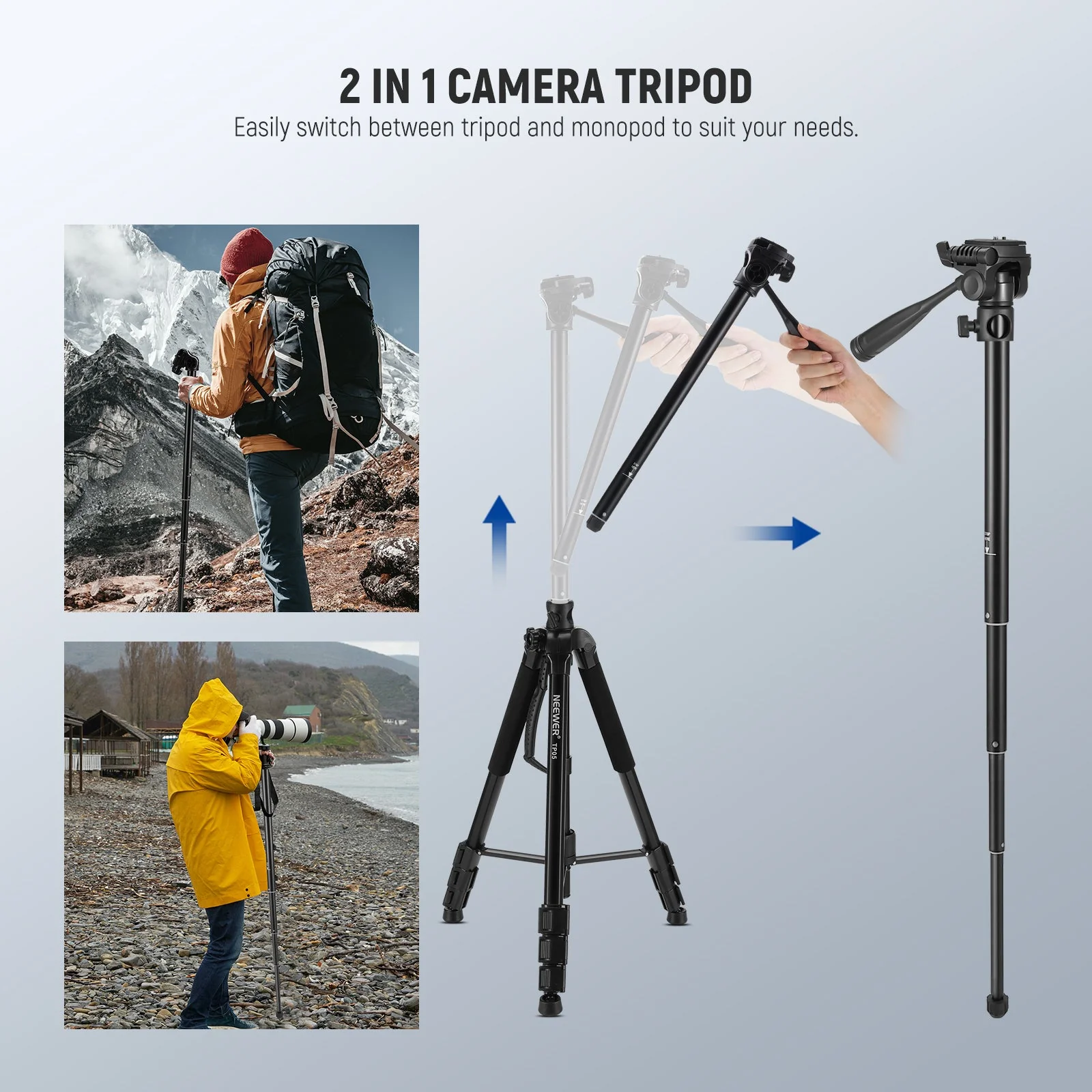 NEEWER BASICS TP05 74.4" Aluminum Alloy Tripod Monopod - Image 3