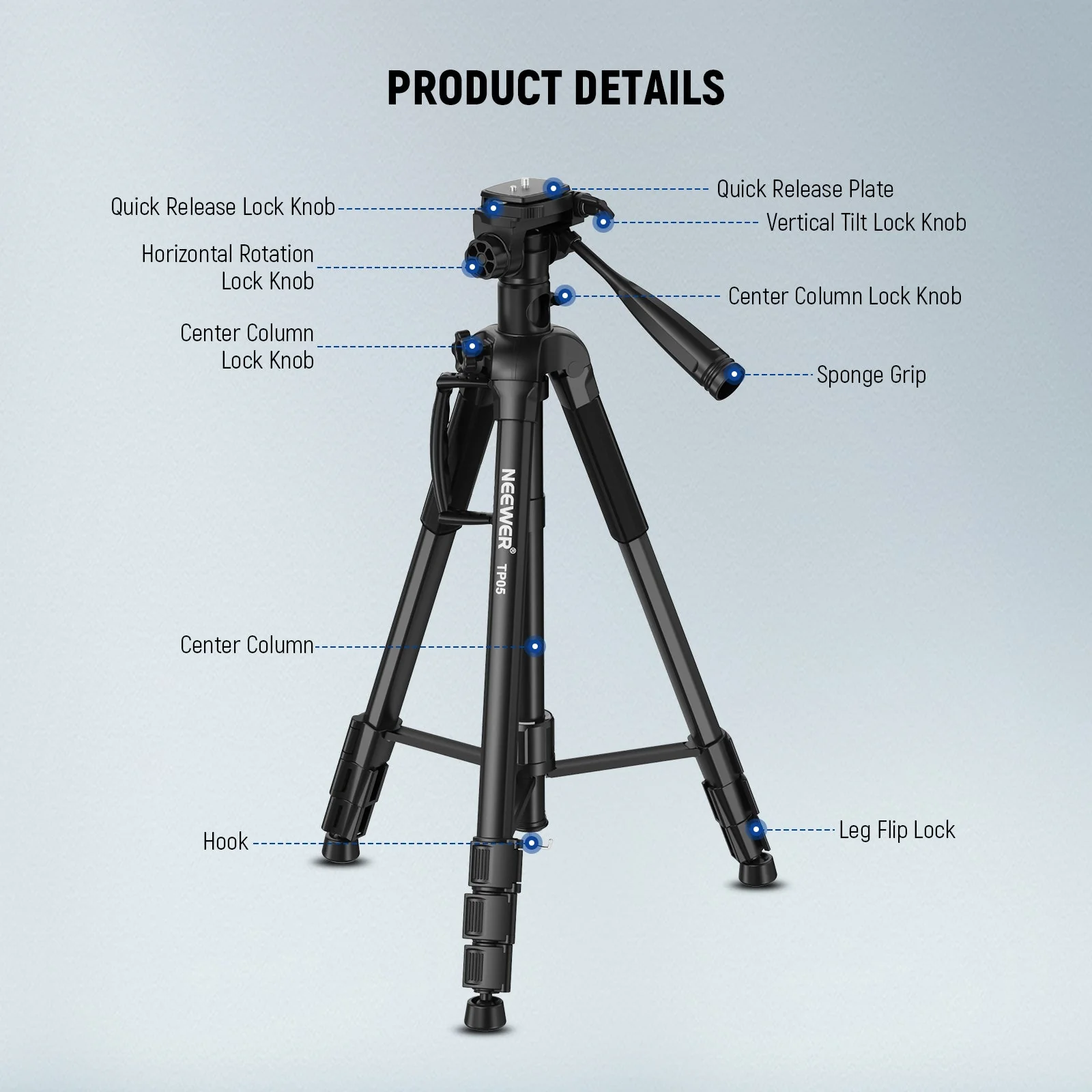 NEEWER BASICS TP05 74.4" Aluminum Alloy Tripod Monopod - Image 8
