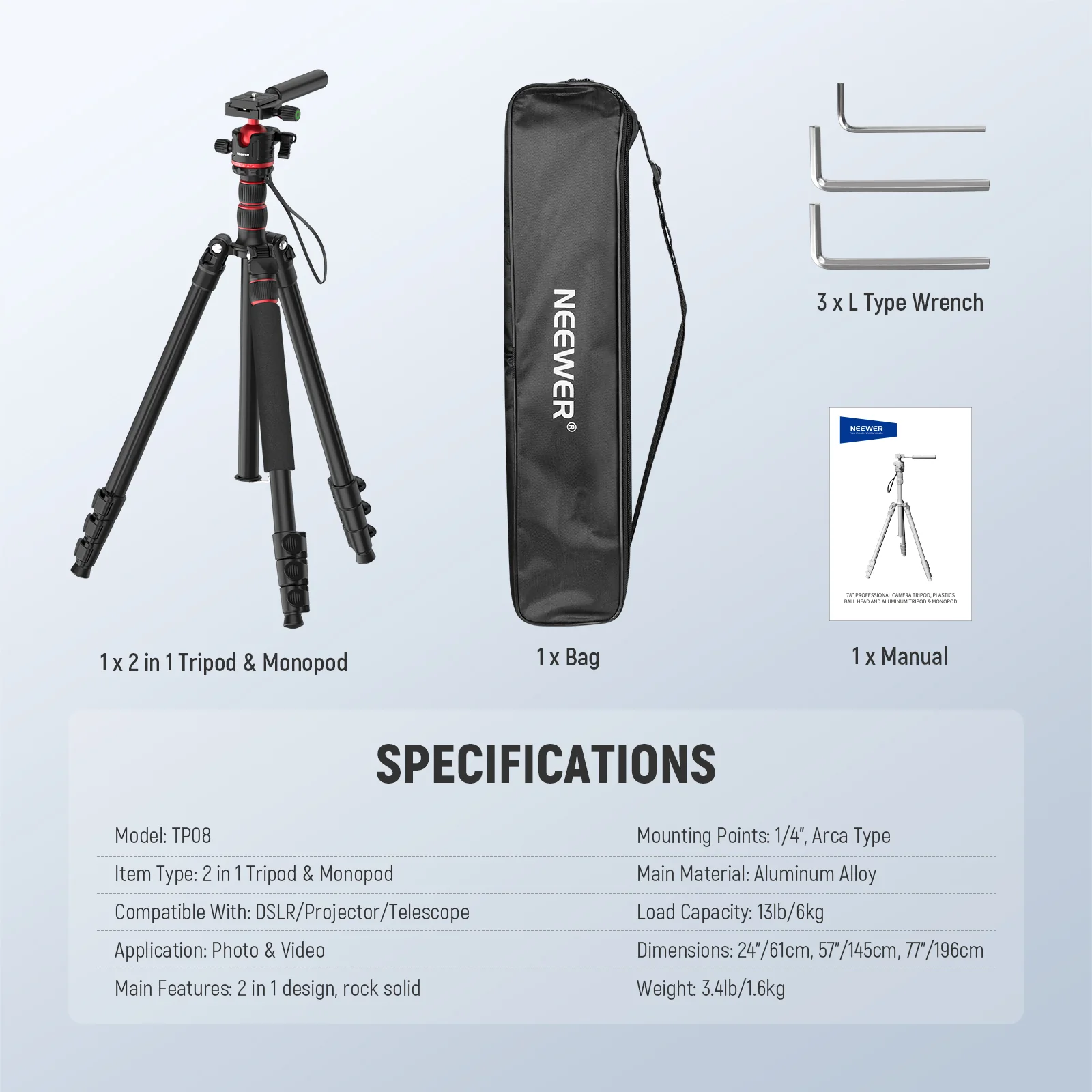 NEEWER TP08 77" Aluminum Alloy Camera Tripod Monopod - Image 9