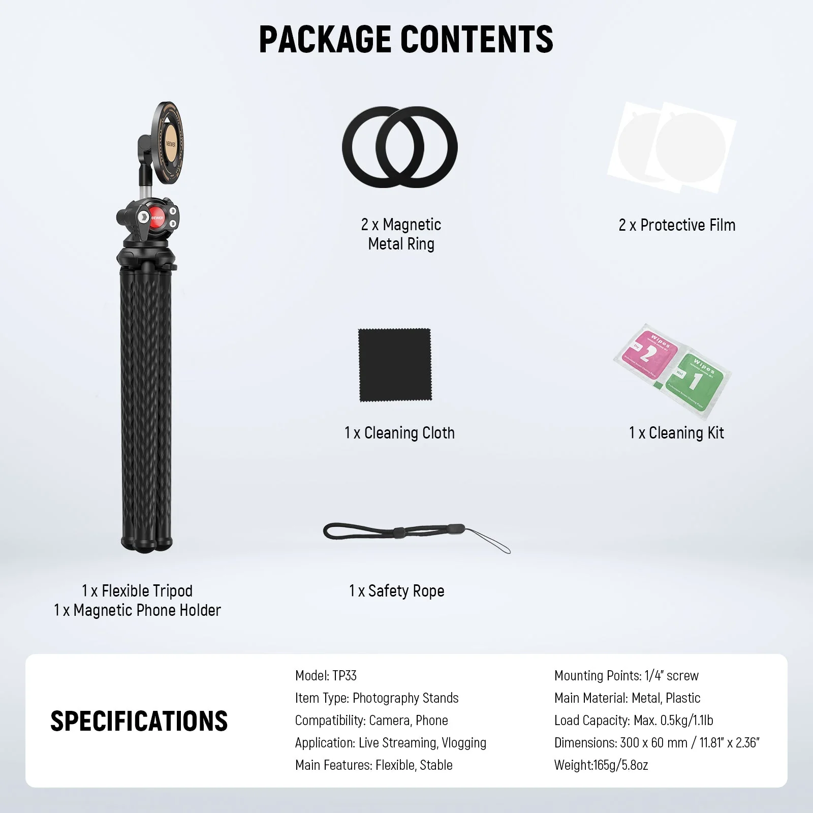 NEEWER TP33 Magnetic Flexible Phone Tripod with Ball Head & Metal Ring - Image 8