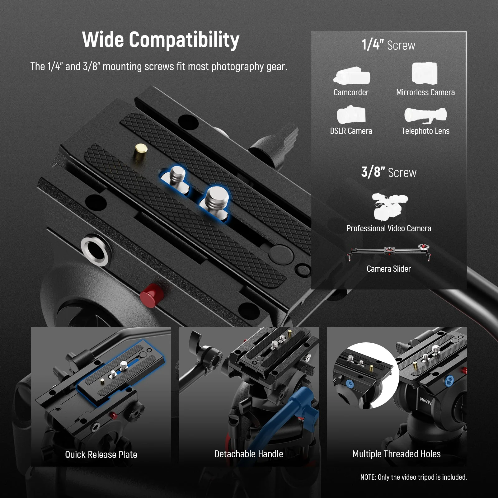 NEEWER BASICS TP37 74" Metal Video Tripod with Fluid Head - Image 4