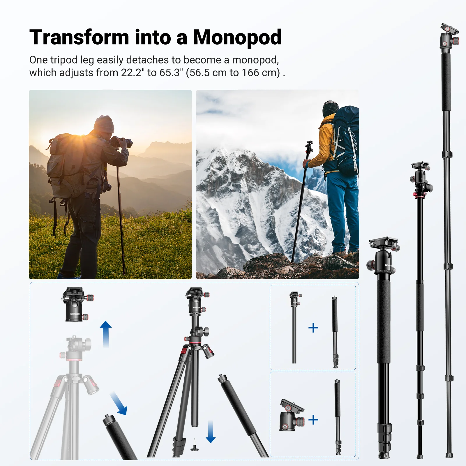 NEEWER TP63/TP64 Overhead Horizontal Camera Tripod Monopod - Image 12