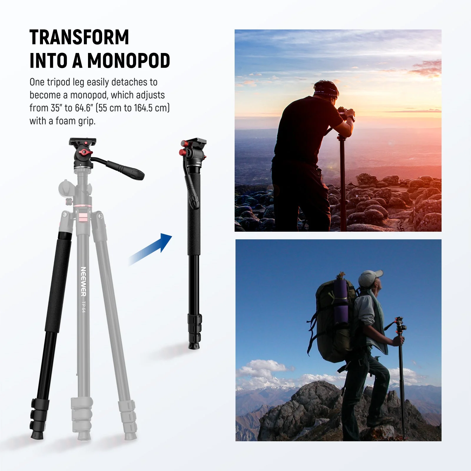 NEEWER TP63/TP64 Overhead Horizontal Camera Tripod Monopod - Image 4