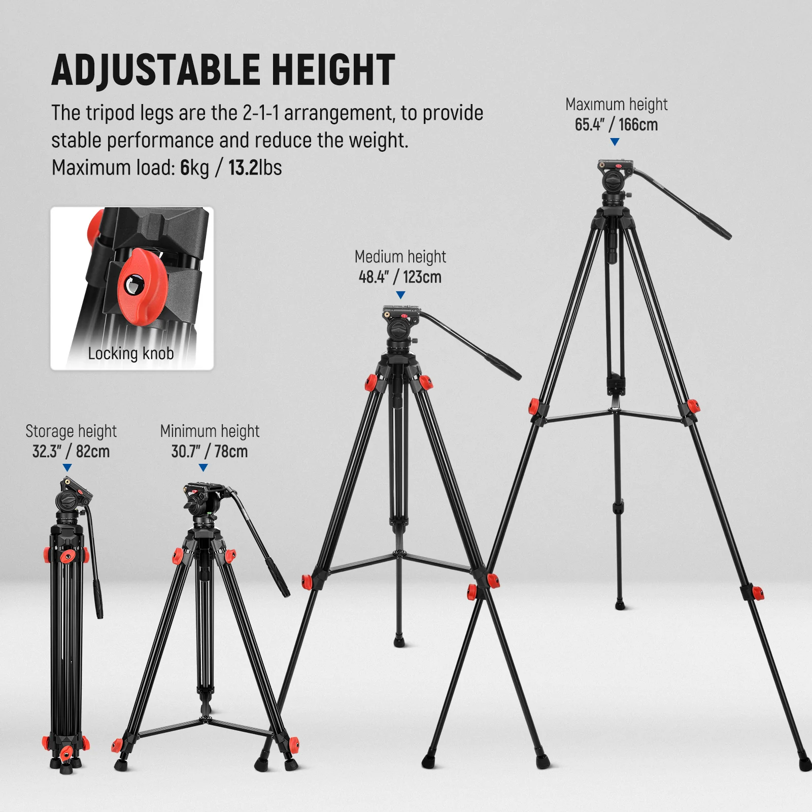 NEEWER TP73 65" Heavy Duty Aluminum Video Tripod with Fluid Head - Image 2