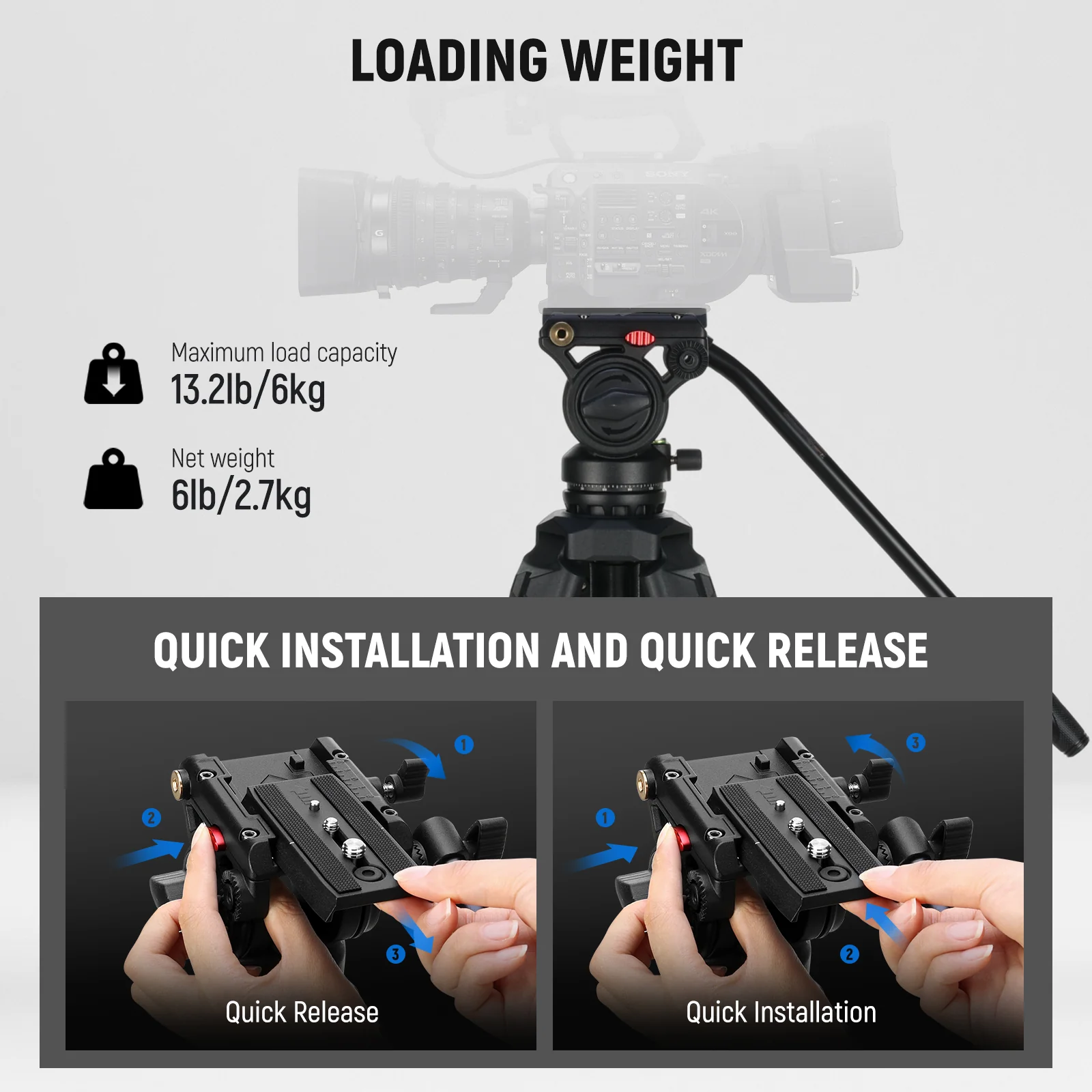NEEWER TP73 65" Heavy Duty Aluminum Video Tripod with Fluid Head - Image 3