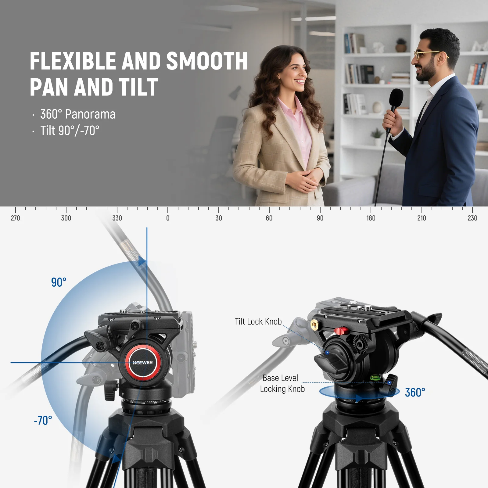 NEEWER TP73 65" Heavy Duty Aluminum Video Tripod with Fluid Head - Image 6