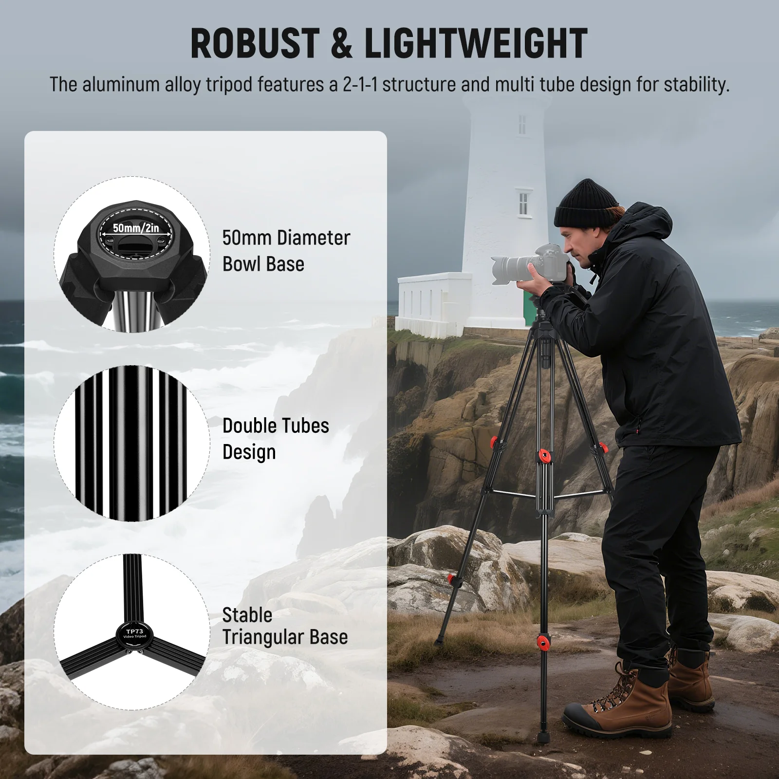 NEEWER TP73 65" Heavy Duty Aluminum Video Tripod with Fluid Head - Image 7