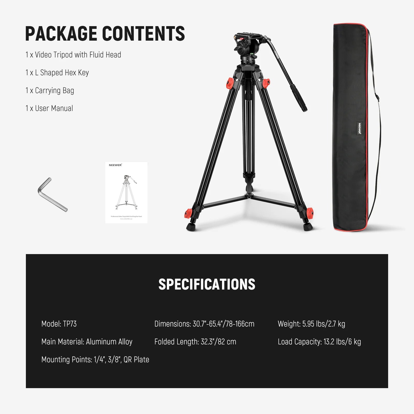 NEEWER TP73 65" Heavy Duty Aluminum Video Tripod with Fluid Head - Image 9