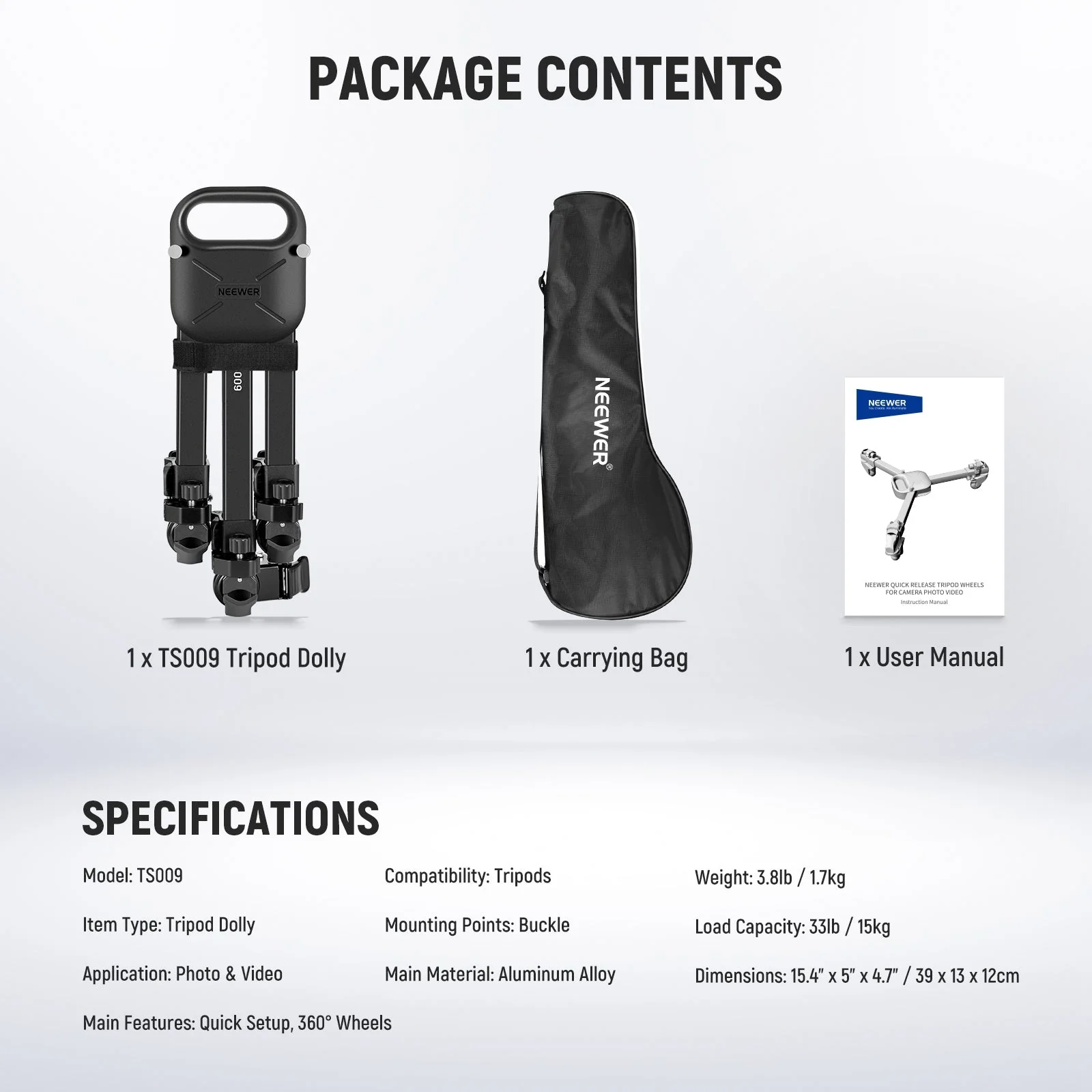 NEEWER TS009 Quick Lock Release Photography Tripod Dolly - Image 9