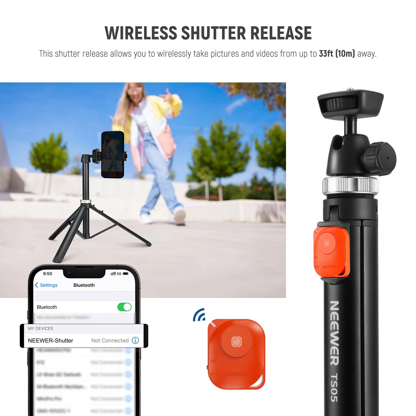 NEEWER TS05 65.2" All Metal Phone Tripod with Bluetooth Remote - Image 8