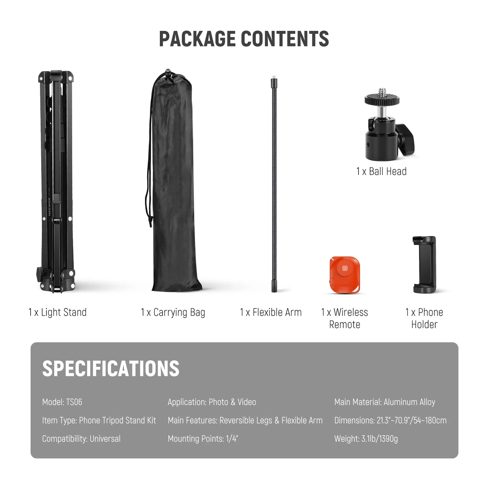 NEEWER TS06 71" Phone Tripod Stand with Reversible Legs - Image 9