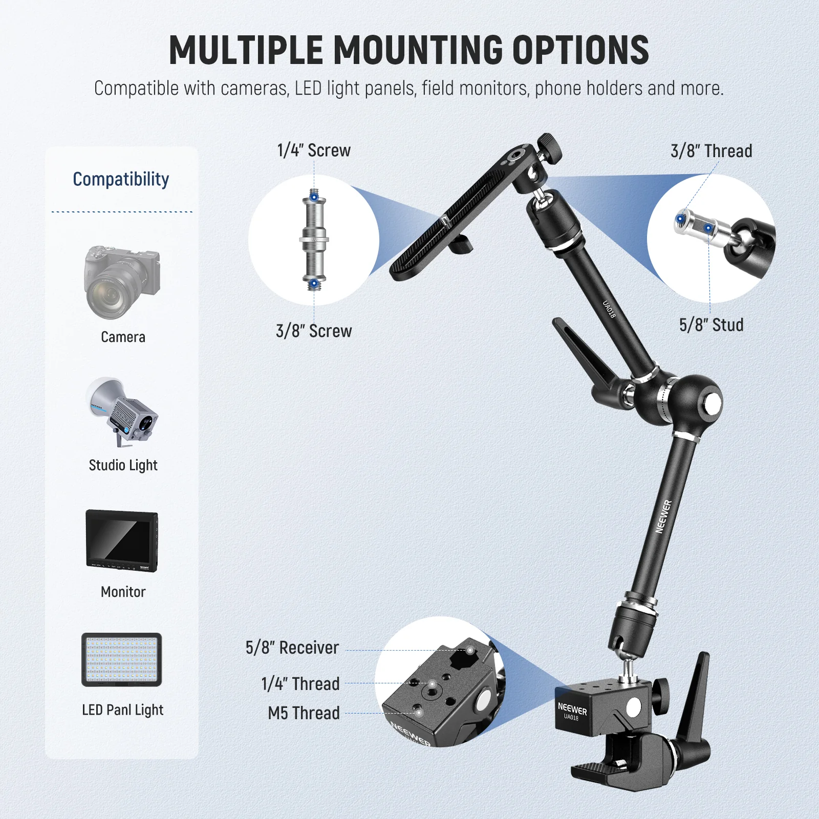 NEEWER UA018 21" Magic Arm Camera Mount with Super Clamp - Image 6