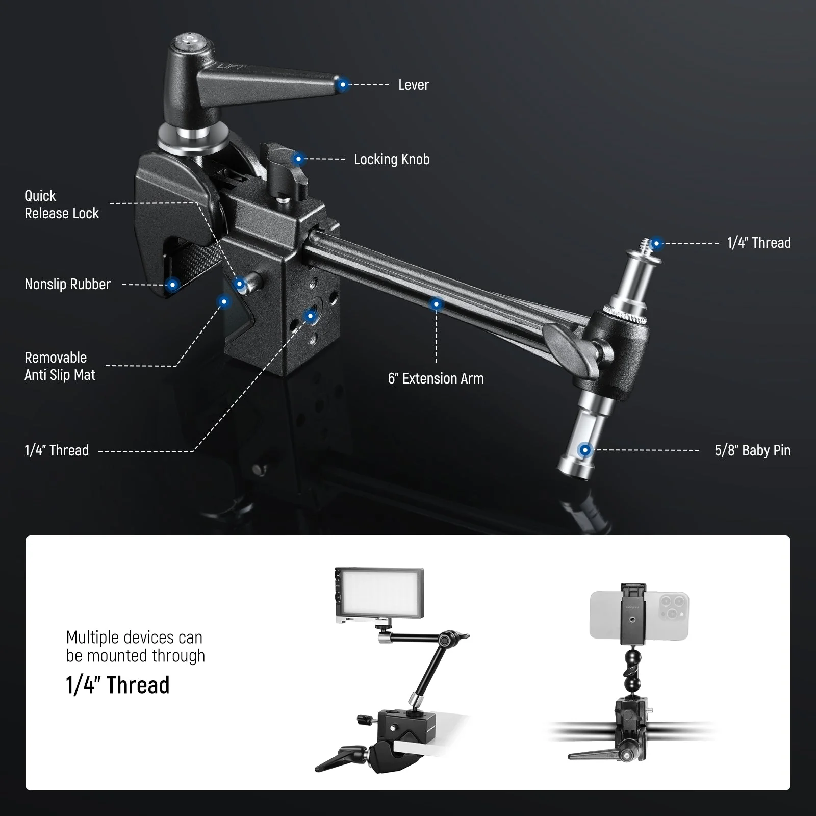 NEEWER UA048 Super Clamp with 6" Extension Arm - Image 7