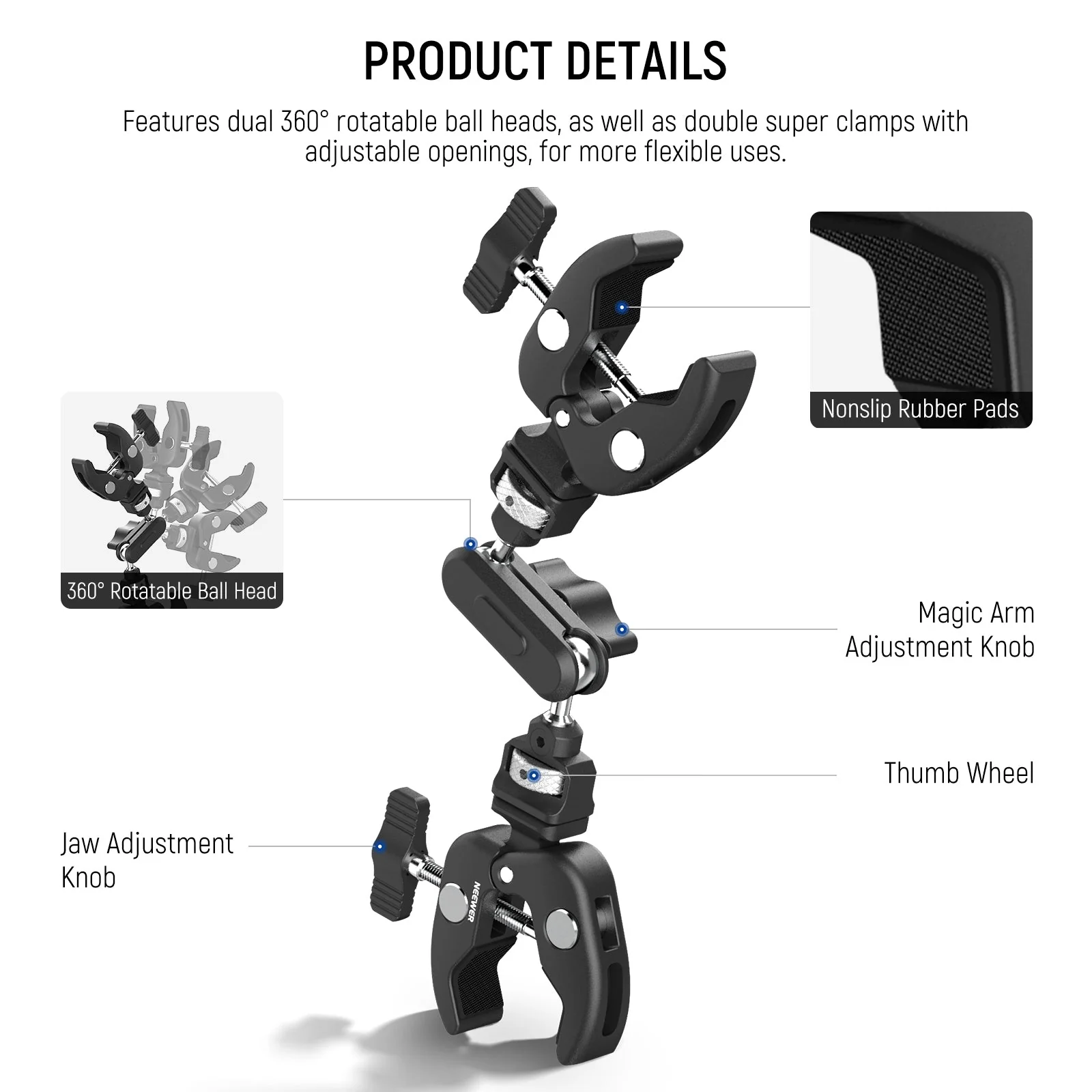 NEEWER UA060 Double Super Clamp Camera Mount with Magic Arm & NATO Interface - Image 2
