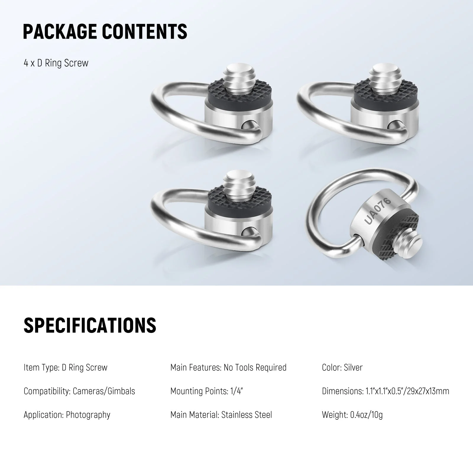 NEEWER UA076 Stainless Steel 1/4" D Ring Screw Set (4 Pack) - Image 7