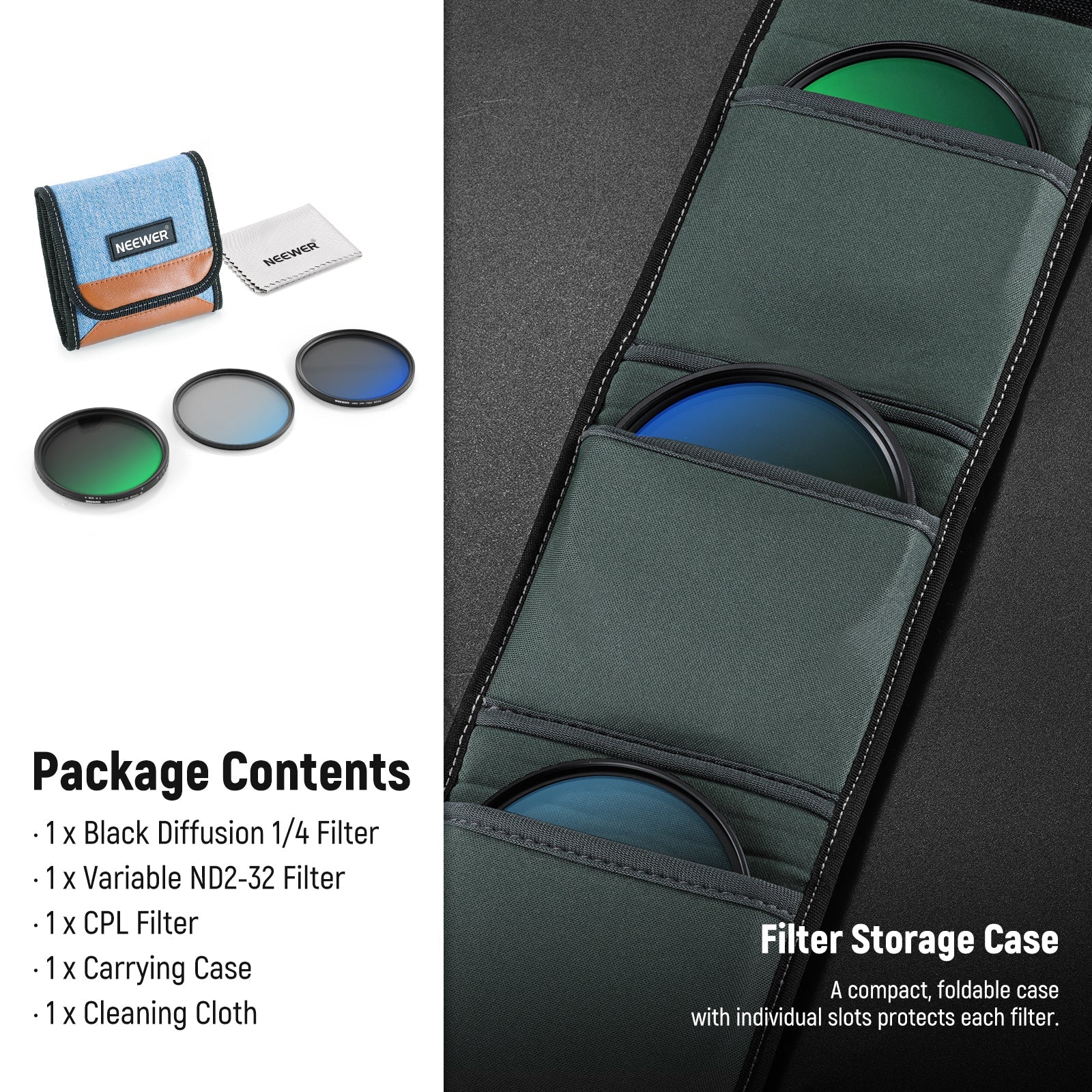NEEWER Variable ND2-32 + CPL + 1/4 Black Diffusion Filter Kit - Image 9