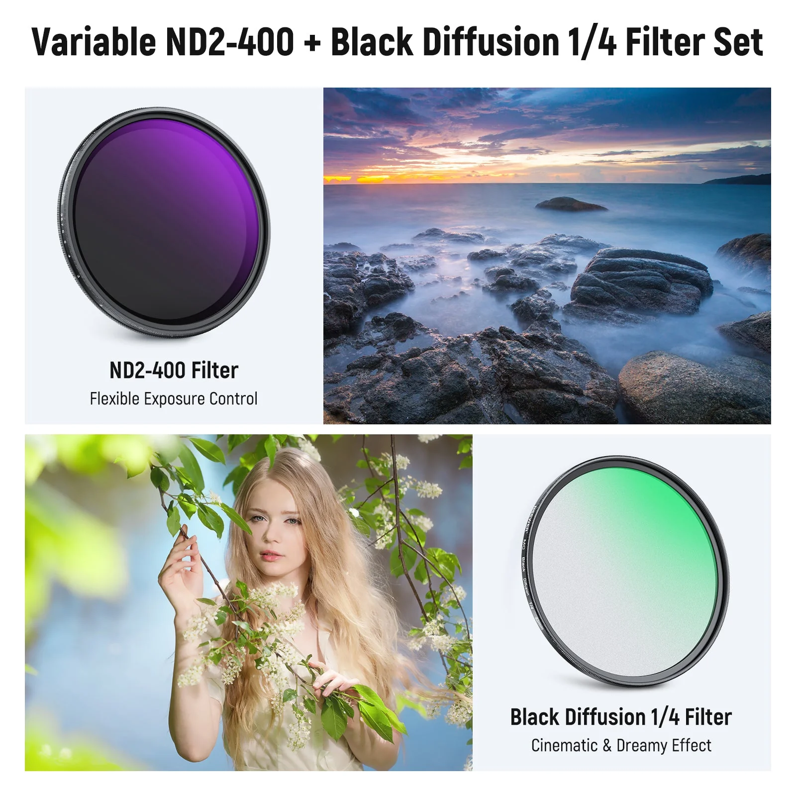 NEEWER Variable ND2-400 & Black Diffusion 1/4 Filter Set - Image 2