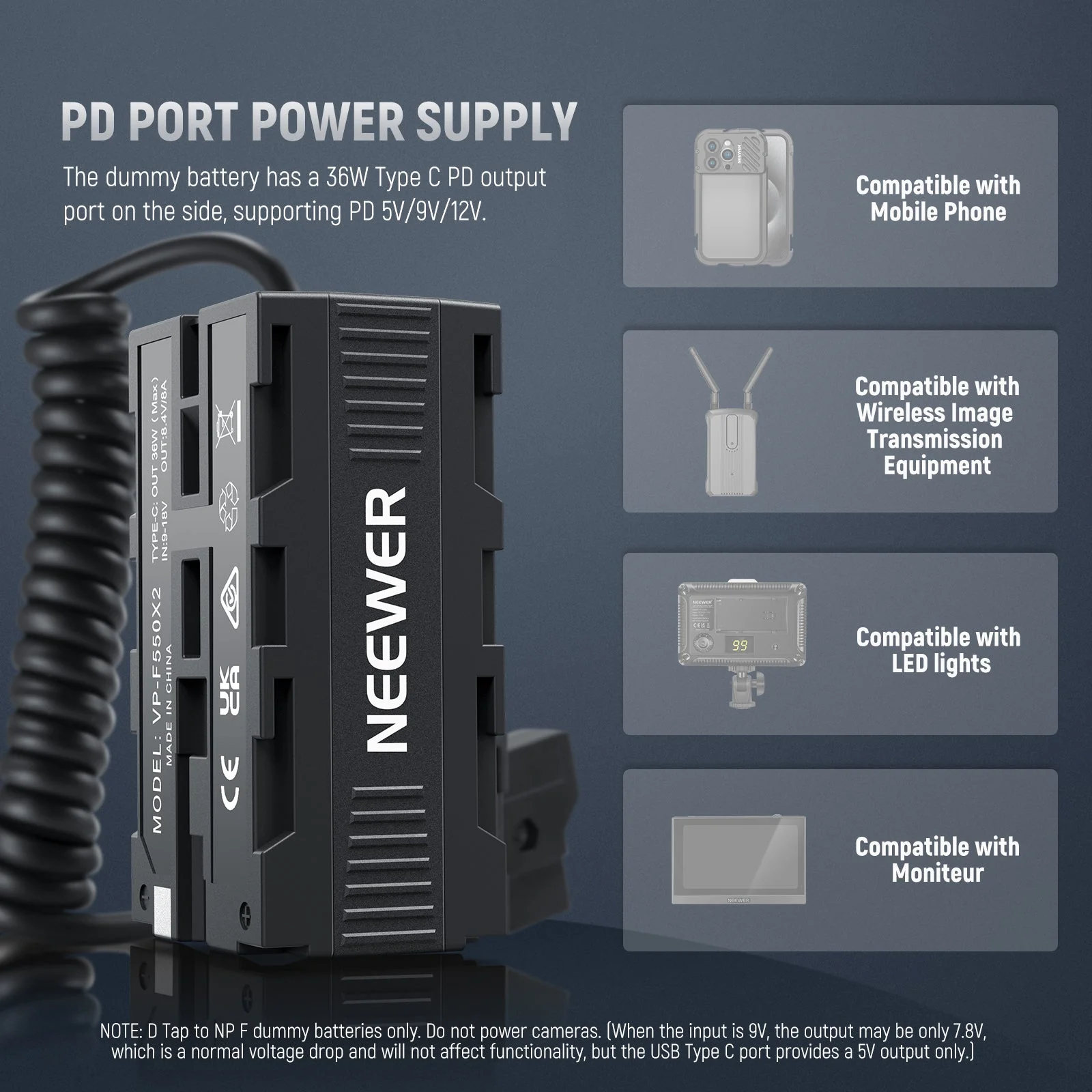NEEWER VP-F550X2 Dual Sided Dummy Battery Adapter with Display - Image 4