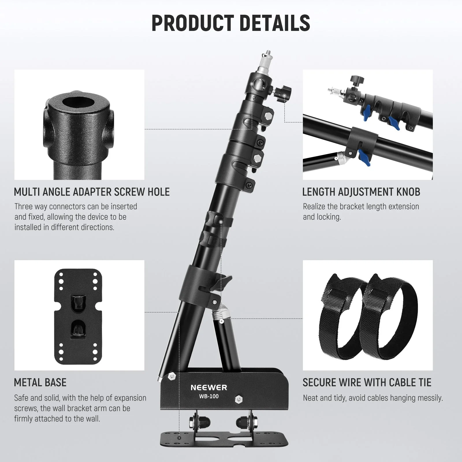 NEEWER WB-100 116cm Triangle Aluminum Wall Mounting Boom Arm - Image 8
