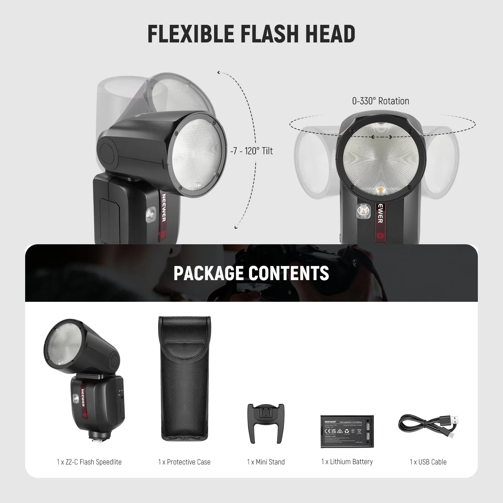 NEEWER Z2 3000mAh Battery TTL Round Head Flash Speedlite for Canon/Nikon/Sony/Fujifilm - Image 9