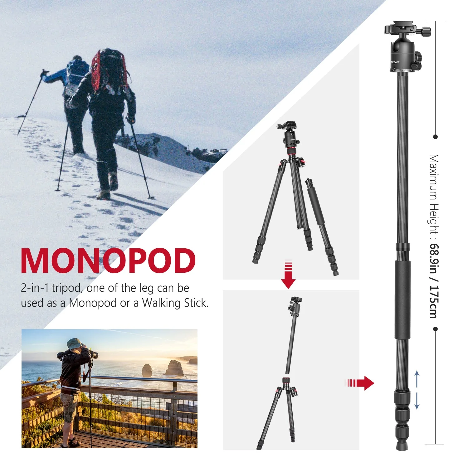 NEEWER N55C 68" Carbon Fiber Monopod Tripod - Image 4